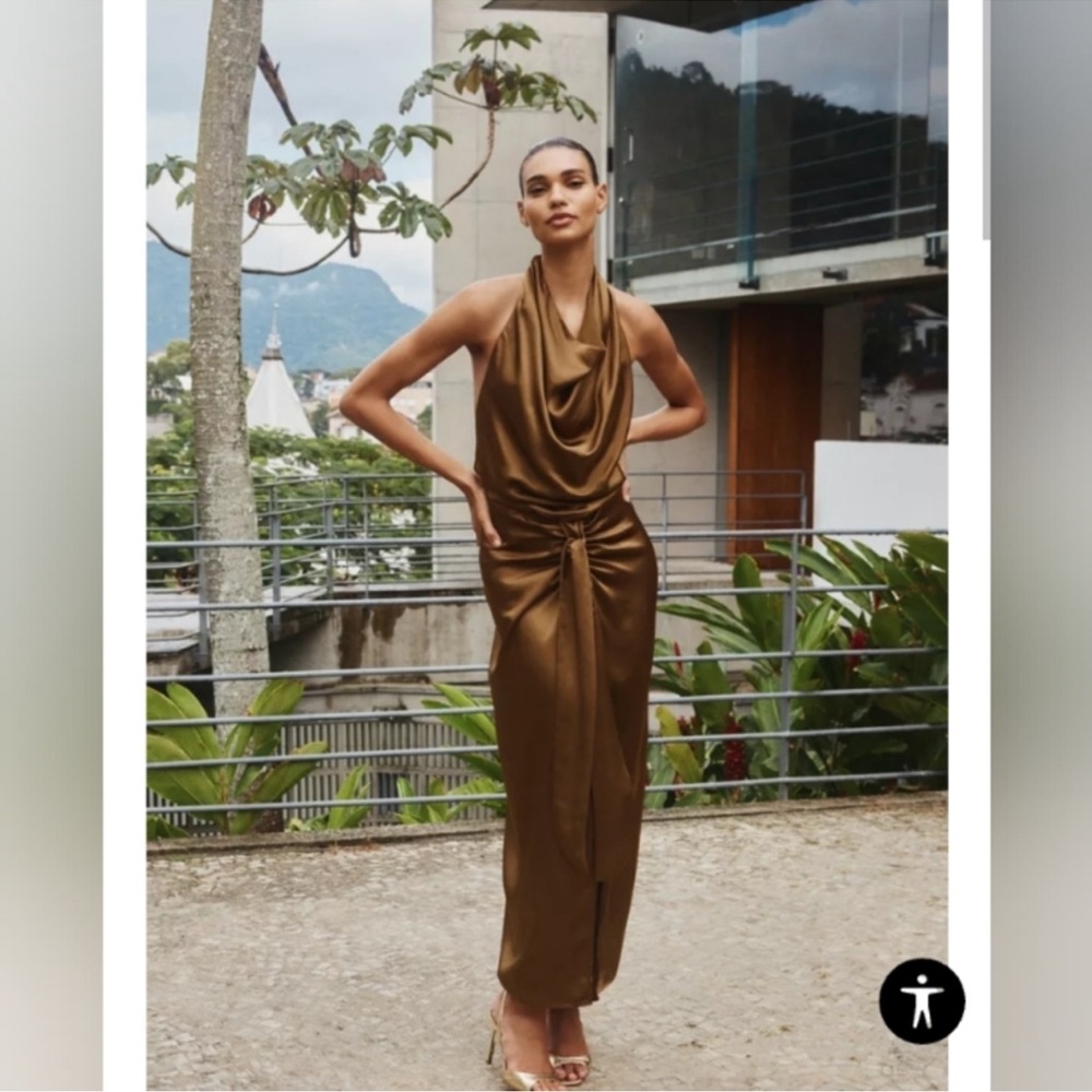 Elegant Brown Satin Halter Dress